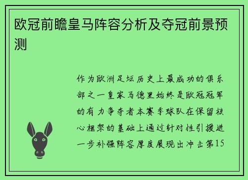 欧冠前瞻皇马阵容分析及夺冠前景预测